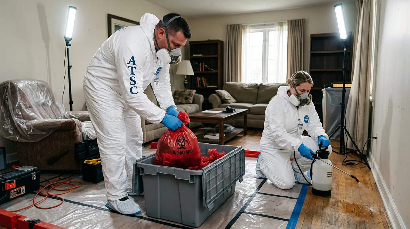 Professional Biohazard Cleanup technician in full PPE working in Manchester-by-the-Sea